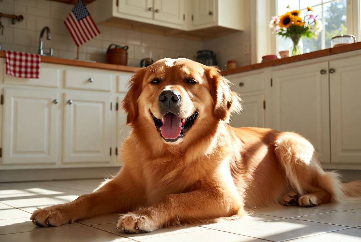 happy dog lying on cool kitchen tile in summer