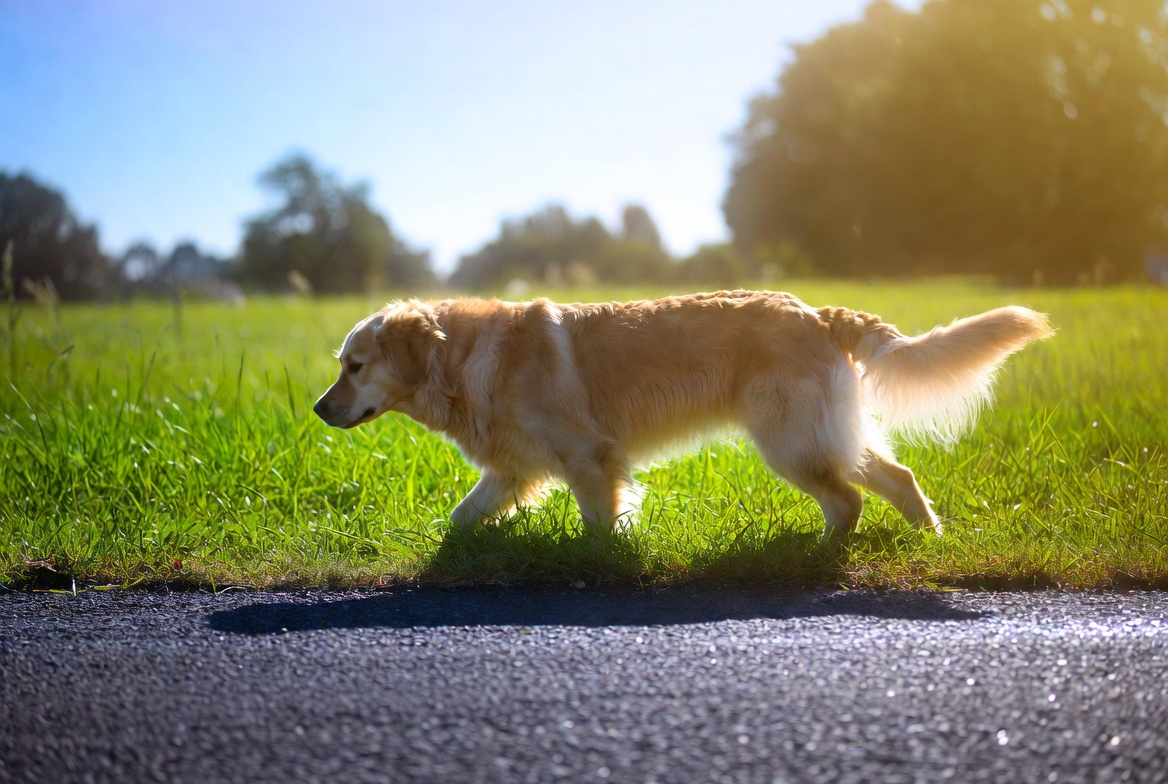 dog walking on grass to avoid hot pavement summer