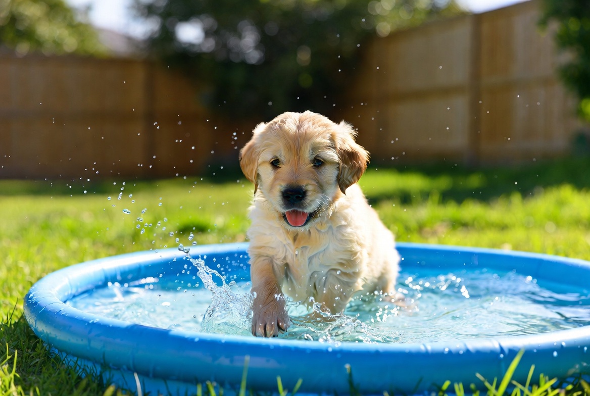 dog splashing in paddling pool backyard summer