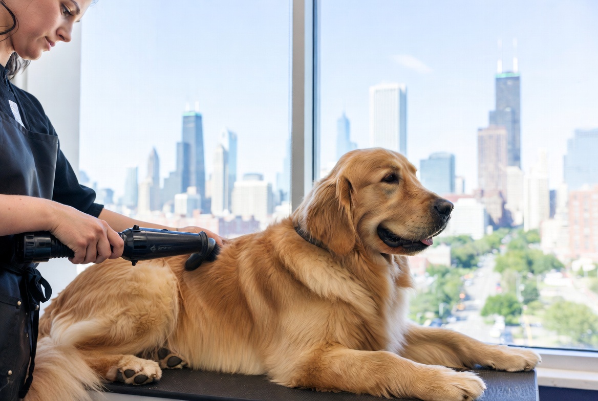 dog being groomed at professional salon summer