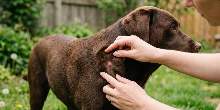 checking dog for ticks after walk ears paws