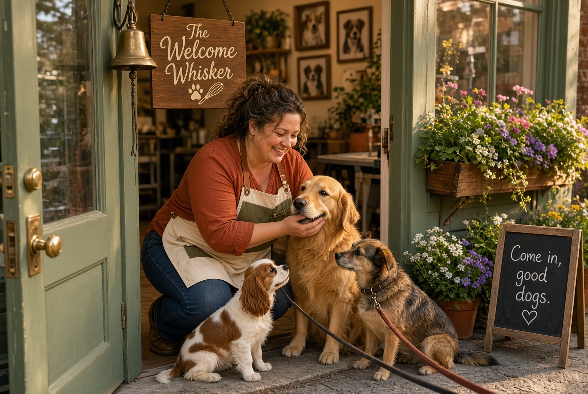 dog groomer greeting dog client salon front door